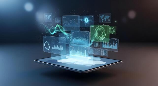 Digital Tablet Displaying Futuristic Holographic Data Charts and Graphs photo