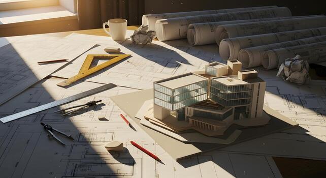 Modern Architectural Model with Blueprint Drawings on Desk photo