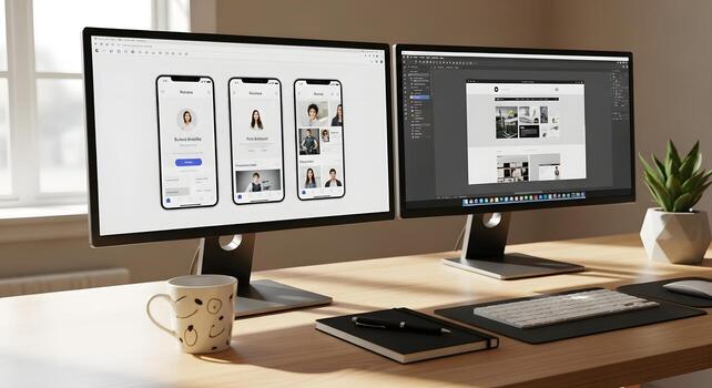 UI UX Designer Workspace Modern App Website Design on Dual Monitors photo