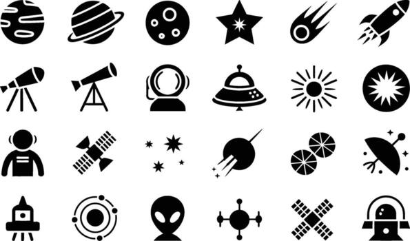 un colección de íconos representando varios celestial objetos y elementos asociado con espacio exploración, adecuado para diseño proyectos vector