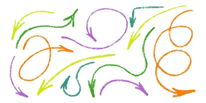 Crayon colorful arrows set. Hand drawn freehand different curved and swirls arrows. Doodle pencil drawing, direction pointers. Scribbles and scrawls isolated on white vector