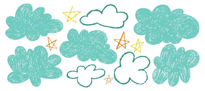 Crayon isolated colorful naive clouds and stars icons set. Hand drawn freehand different objects. Pencil texture drawing in kid girly style on white vector