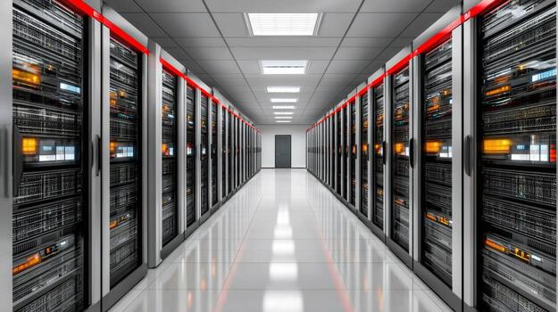 Server room maintaining high availability and data security in modern data center photo