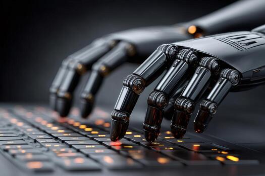 Robotic hands typing on illuminated keyboard, artificial intelligence and automation photo