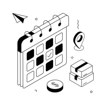 Isometric illustration of a calendar, money, location pin, and package, signifying project planning and delivery. vector