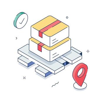 Stacked packages on a pallet with location marker, representing efficient shipping vector