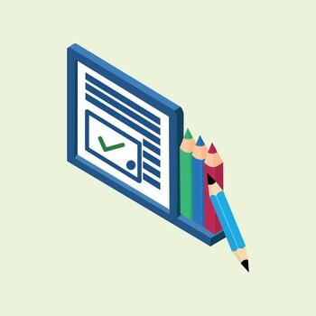 un isométrica ilustración de un tablero con un verde cheque marca y un fila de de colores lápices, simbolizando educación, creatividad, y completando tareas. vector