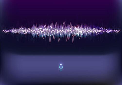 vibrante sonido olas son desplegado, exhibiendo varios frecuencias y amplitudes. un micrófono icono es posicionado a el abajo, simbolizando audio grabación o sonido aporte. vector