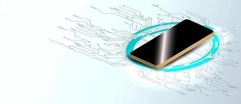un pulcro teléfono inteligente descansa en un digital circuito patrón, simbolizando moderno tecnología y innovación. el diseño se enfoca en conectividad en un futurista contexto. vector