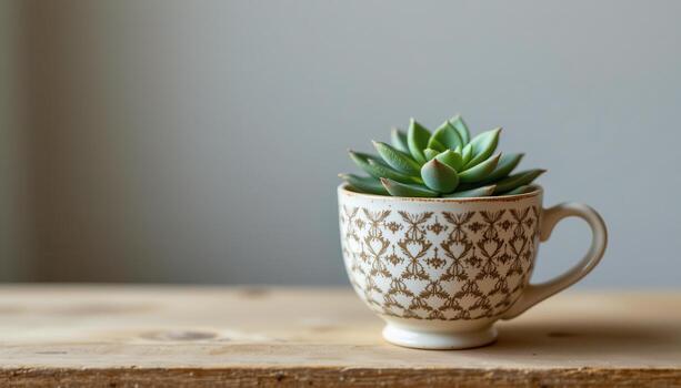 a patterned porcelain cup containing succulents, set against neutral tones for calming effect. photo