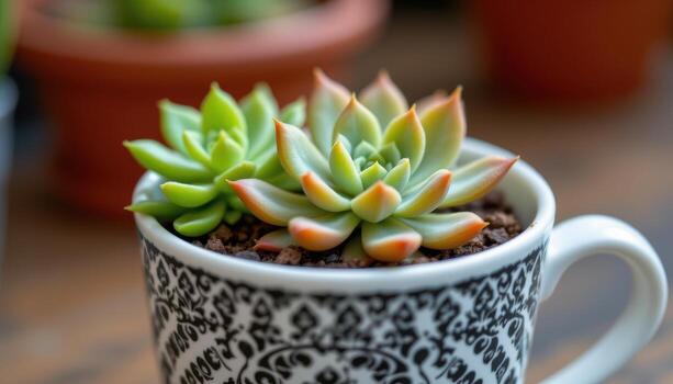 succulents sprouting inside patterned cup, close up shot highlighting intricate leaf geometry. photo