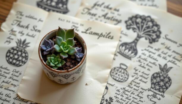 a ceramic patterned cup containing succulents placed upon paper sheets covered in faint ink. photo