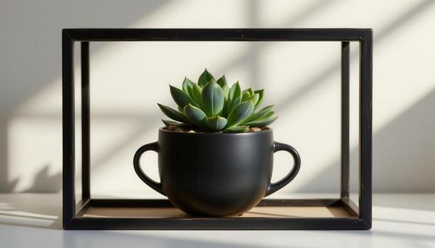 a matte black cup containing succulents sits within geometric frame casting faint angled light. photo
