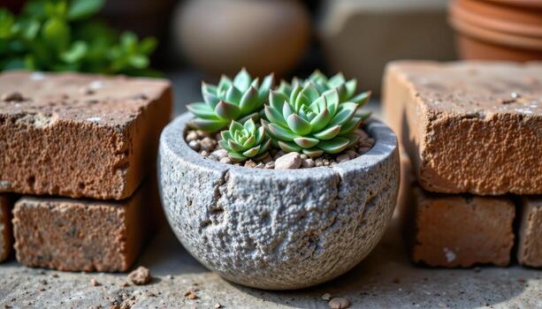 a rustic stone cup containing succulents sits between two stacked bricks lit from overhead. photo