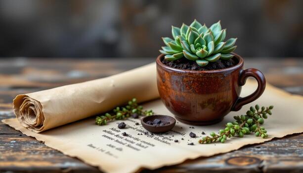 un rústico marrón taza conteniendo suculentas descansa cerca arrollado pergamino Desplazarse Envejecido con tiempo. foto
