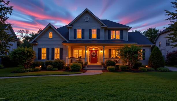 a two story house at twilight with warm glowing windows, manicured lawn, and decorative shrubs around. photo