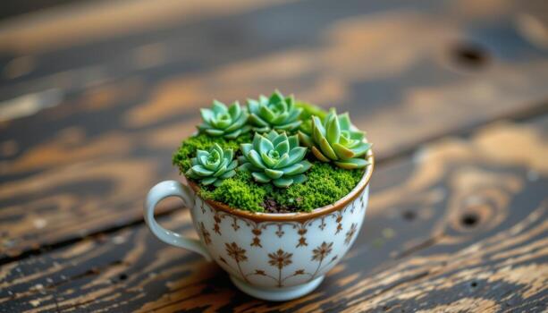 succulents sprouting neatly within porcelain cup, intricate patterns frame lush natural green. photo