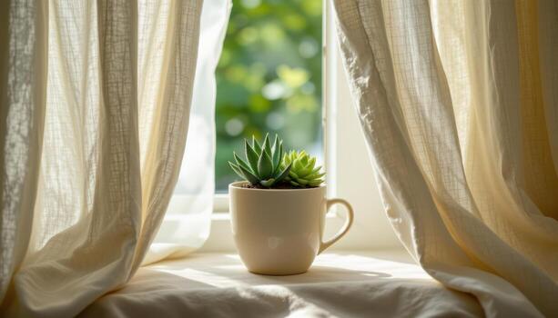 a plain cup containing succulents framed by draped curtain fabric glowing from hidden window. photo