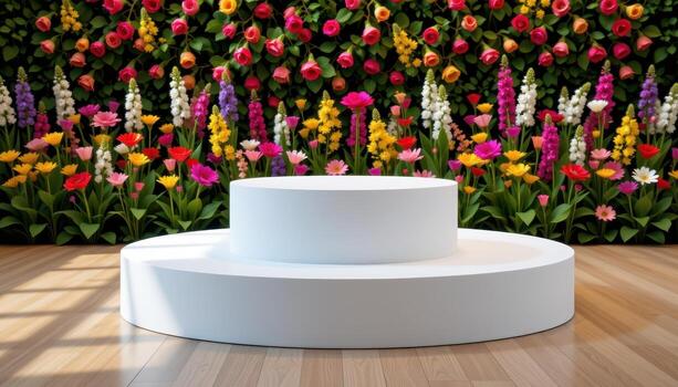 podium placed at center stage, colorful flowers behind, soft light creating subtle reflections across wooden floor. photo