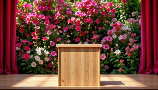 empty wooden podium on stage, vivid blooms behind, sunlight casting gentle highlights and subtle shadows across. photo