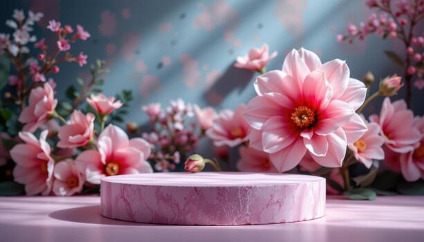 a simple podium rests empty with flower background, soft light enhancing textures and reflections gently. photo