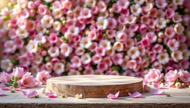 a simple wooden podium rests empty, bright flower backdrop, soft light illuminating subtle textures of petals. photo