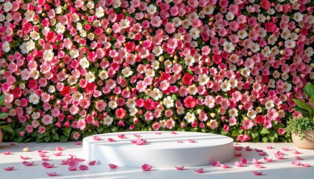 a simple empty podium rests before flower wall, petals scattered lightly, warm light highlighting edges. photo