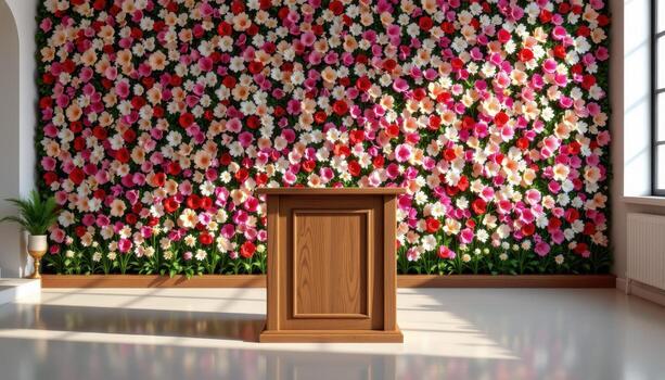 empty wooden podium at center, bright flower wall behind, gentle light creating subtle reflections across polished floor. photo