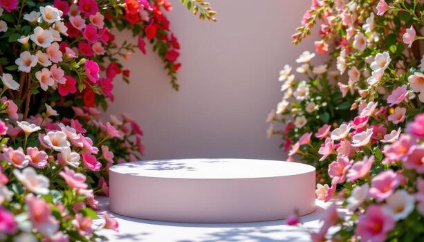 a simple podium stands empty, framed by colorful blooms, sunlight highlighting subtle textures of petals. photo