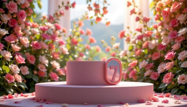 empty podium at center stage, flower backdrop bright, subtle sunlight illuminating petals and surface. photo