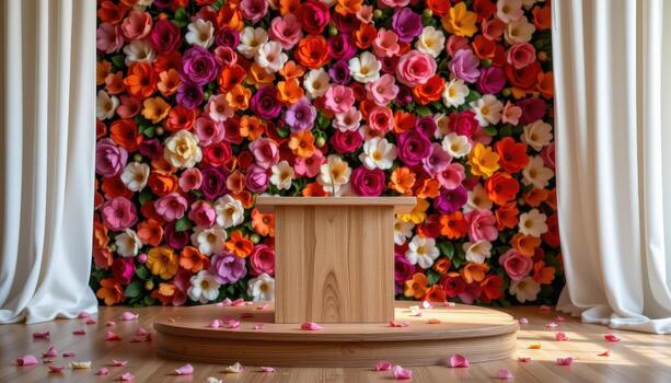 empty podium on wooden stage, vibrant flower background, petals scattered, soft light casting subtle shadows. photo