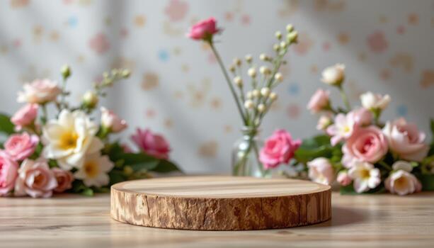 a simple wooden podium rests empty with flower background, soft light enhancing textures and reflections gently. photo