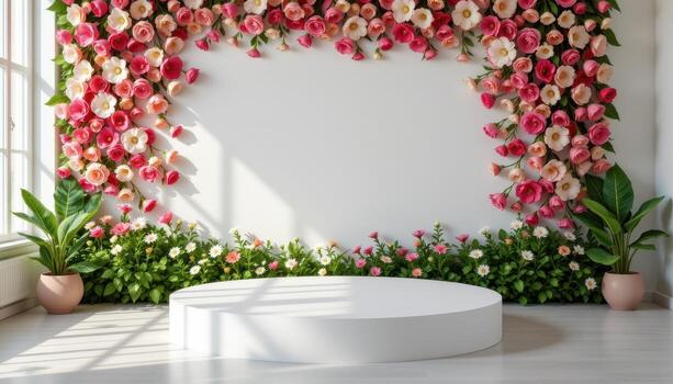 podium rests empty at center, bkright flower wall behind, soft light illuminating delicate textures softly. photo