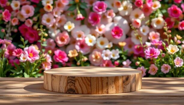 a simple wooden podium rests empty, bright flower backdrop behind, subtle light enhancing textures and shadows. photo