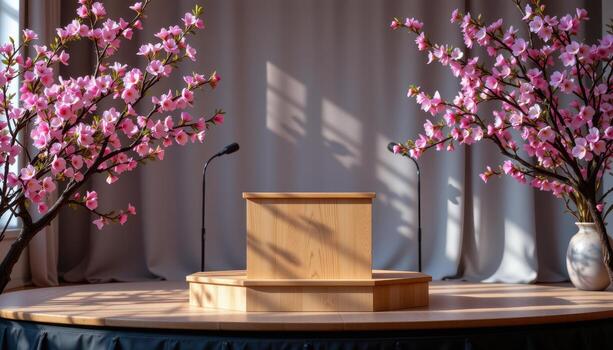 empty wooden podium on stage, surrounded by vivid blossoms, soft light creating subtle reflections and shadows. photo