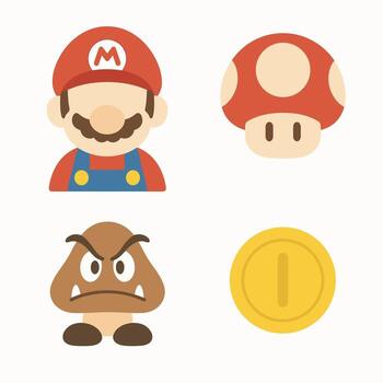 Flat Style Gaming Item Element Icon Set with Main Character and Mushroom vector