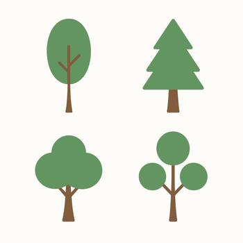 Flat Style Simple Tree Set with Green Canopy and Brown Trunk Icon vector