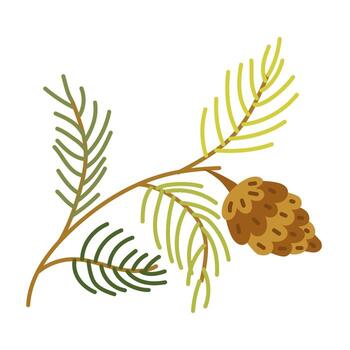Pine branch with a pine cone. Flat, colored, isolated illustration. Object in the forest. Thin green long needles on a Christmas tree. Brown pine cone. Forest objects. Picnic, hike, walk in the forest vector