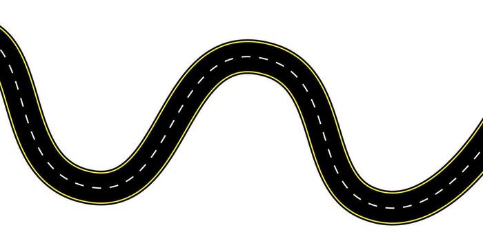 aéreo parte superior ver de un largo devanado asfalto la carretera con rayado centrar líneas carrera curva y amable olas gráfico Perfecto para ruta mapas viaje antecedentes autopista ilustración y transporte diseño vector