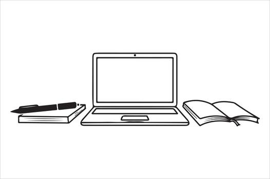 Laptop and books digital study and work setup simple line art design vector