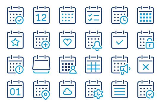 Calendar icons collection set. Simple calendar with clock, progress bar, map point, reminder, security. Schedule line style - stock . vector