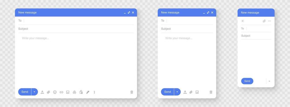 Email interface window. Email window on your computer, tablet, or smartphone. A template for sending an email. Mockup blank mail screen - stock . vector