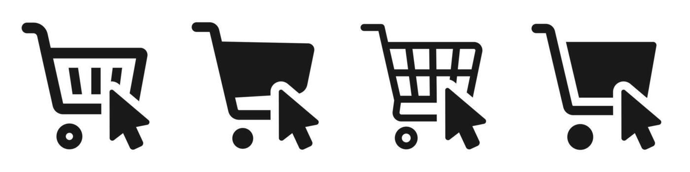 Shopping cart with mouse click cursor icons set. Shopping basket icon collection. Shopping cart line and flat icon. Internet shop symbol. Web store shopping cart - stock . vector