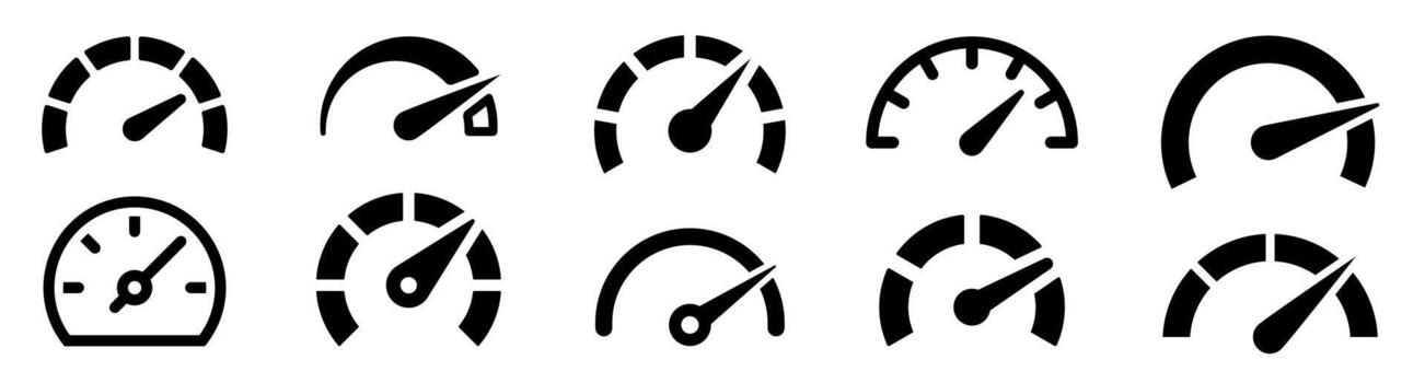 Speedometer icons set. Speed, tachometer, fast, indicator, speeding - stock . vector