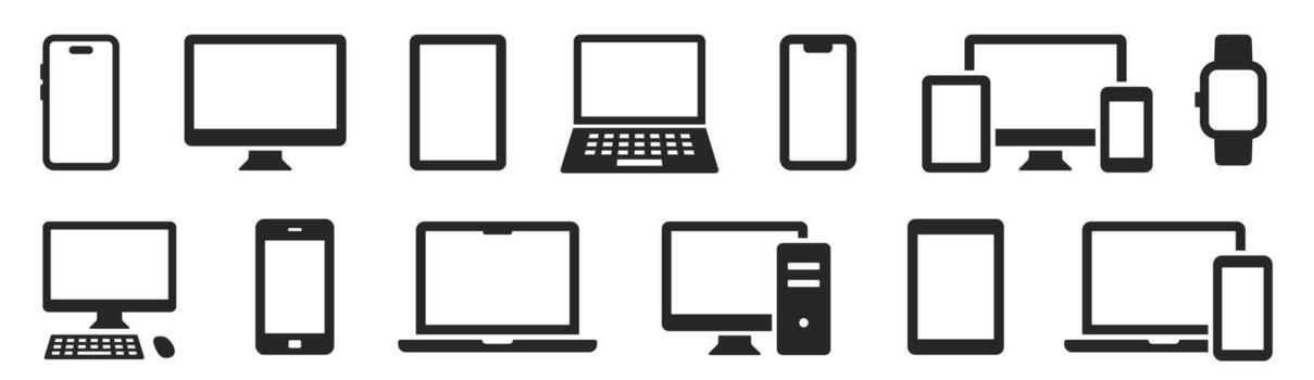 Device icons set. Smartphone, laptop, desktop computer, tablet, smartwatch, mobile phone, keyboard and mouse - stock . vector