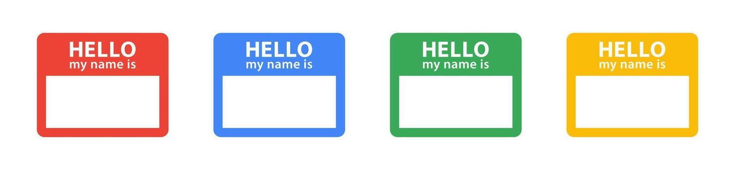 Hello, my name is. Name label sticker with an inscription Hello my name is. Red, yellow, green, blue name tag, cards - stock . vector