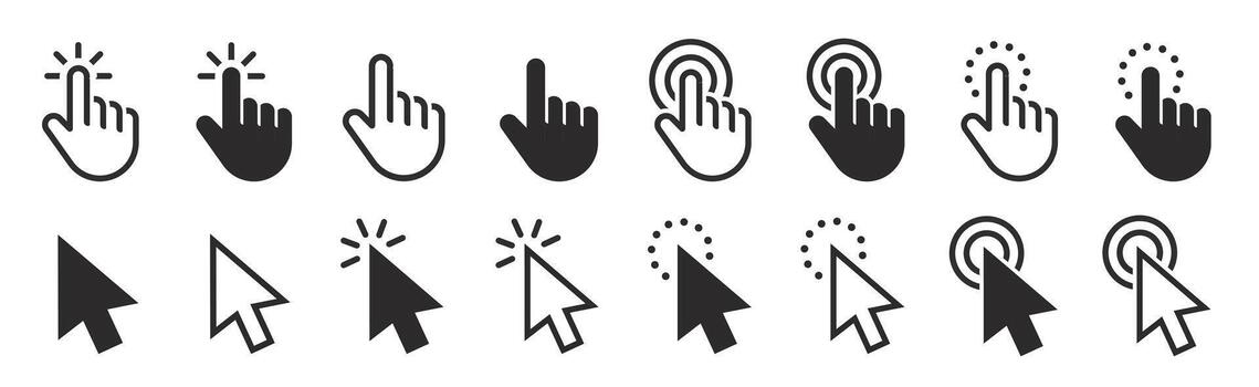 Computer mouse click cursor icon set. Hand and arrow pointer cursor vector