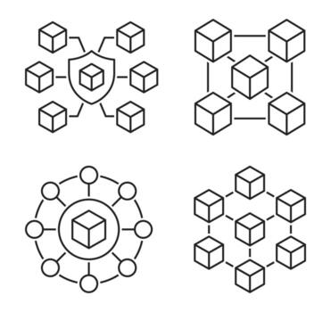 blockchain tecnología icono colocar. descentralización, seguridad, inmutabilidad, criptografía, divisa, bloquear, cadena - valores . vector