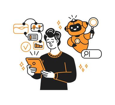 Illustration of a smiling man holding a tablet with an AI artificial intelligence assisting him. Minimalist orange and black design. Represents automation and technology integration. vector
