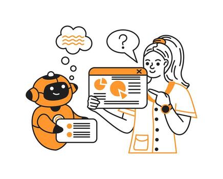 Illustration of a woman and a smiling artificial intelligence discussing data. The woman points to a graph on a simple white background. Engaging teamwork and technology concept. vector